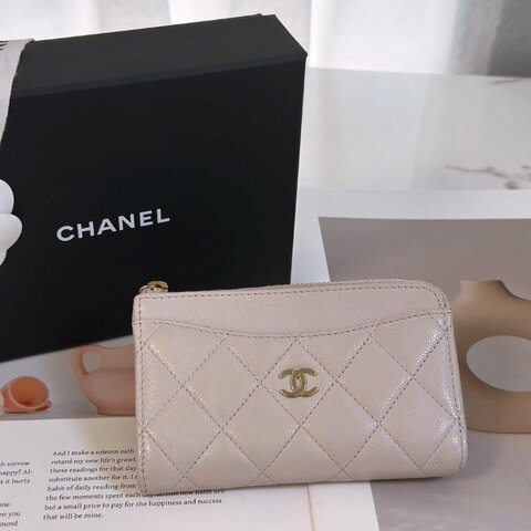 CHANEL L型拉鍊零錢卡片包 - 粉金