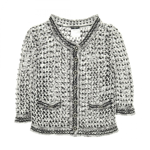 香奈兒 COCO 標誌紐扣透視開襟衫 #36 人造絲腈綸 白色 黑色 二手