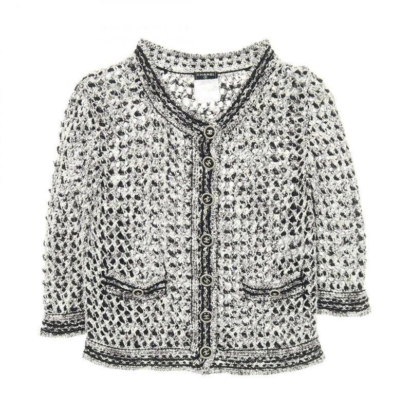 香奈兒 COCO 標誌紐扣透視開襟衫 #36 人造絲腈綸 白色 黑色 二手-0