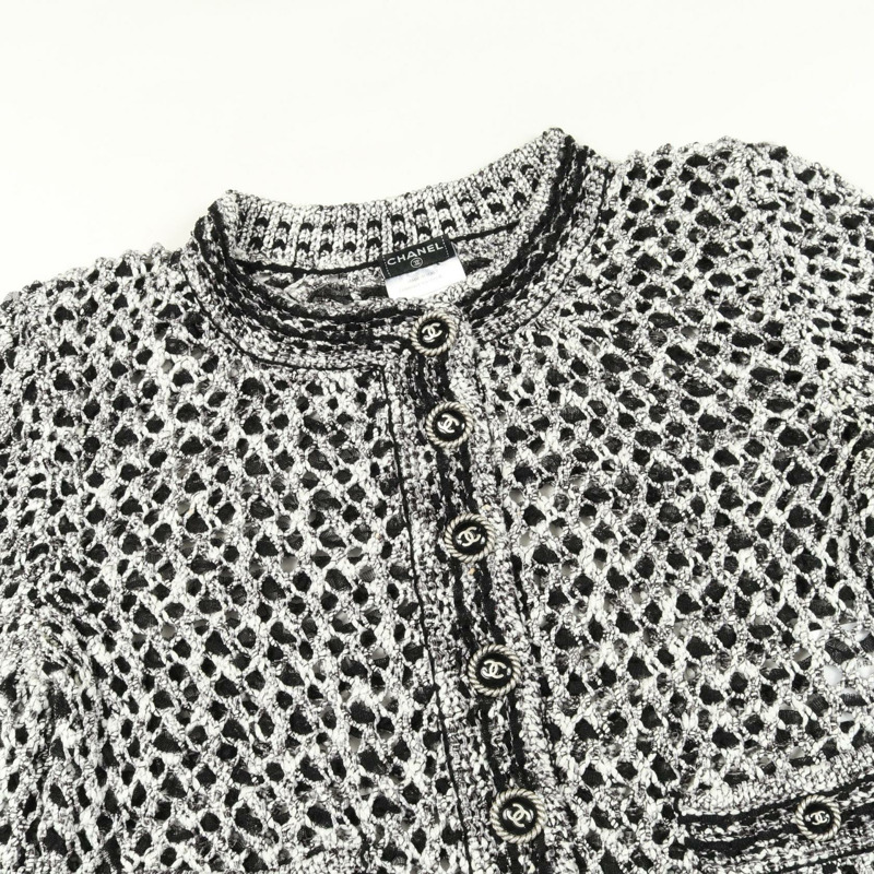 香奈兒 COCO 標誌紐扣透視開襟衫 #36 人造絲腈綸 白色 黑色 二手-10