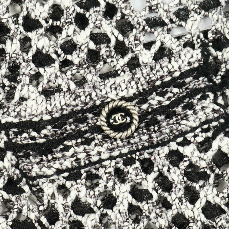 香奈兒 COCO 標誌紐扣透視開襟衫 #36 人造絲腈綸 白色 黑色 二手-11