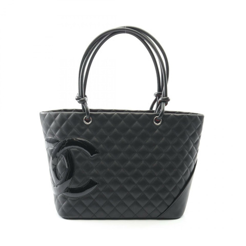 香奈兒 Cambon 系列大托特單肩手提包，黑色漆皮，SHW 五金配件，二手 CC