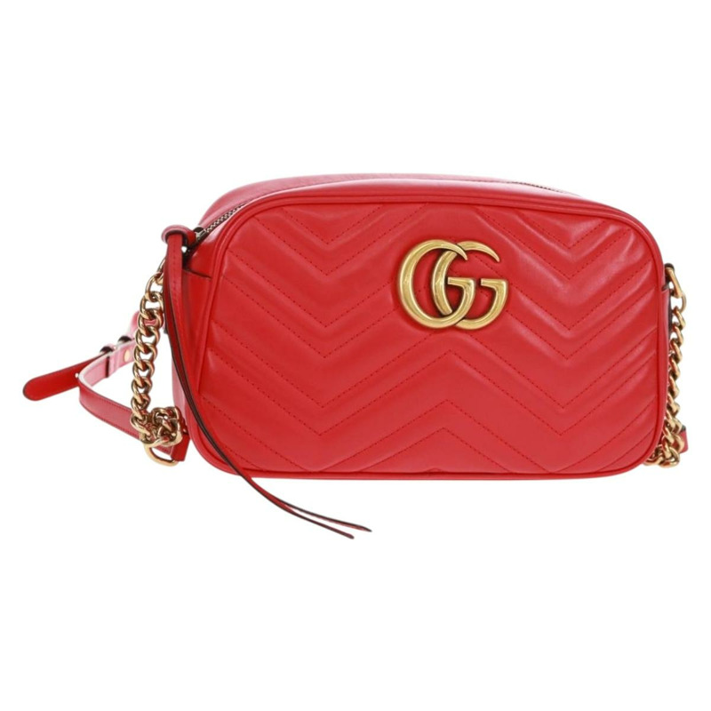 【日本直送】GUCCI GG Marmont 鏈條肩背包，皮革，紅色/金色，447632，正品，ka1038V-0