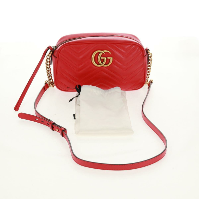 【日本直送】GUCCI GG Marmont 鏈條肩背包，皮革，紅色/金色，447632，正品，ka1038V-11