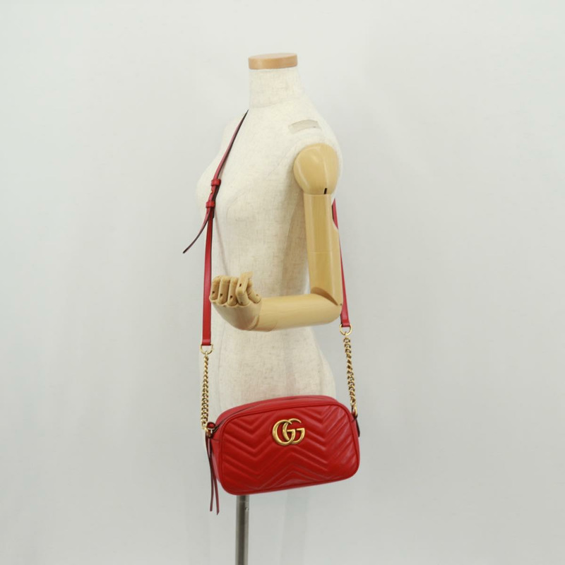 【日本直送】GUCCI GG Marmont 鏈條肩背包，皮革，紅色/金色，447632，正品，ka1038V-26