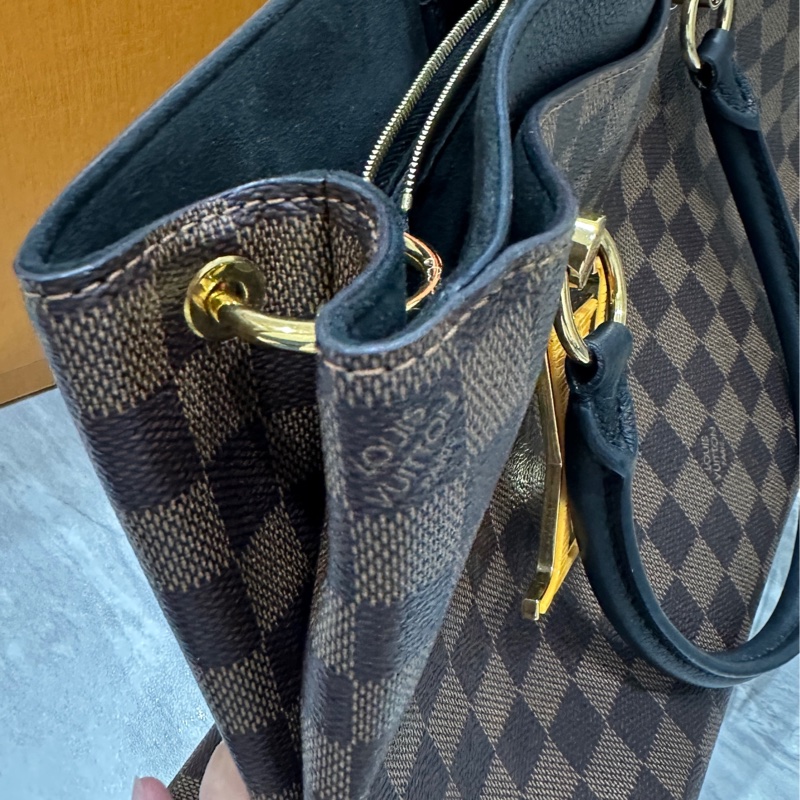 LV Riverside 棋盤格拼黑色牛皮金扣手提肩背包 N40050-12
