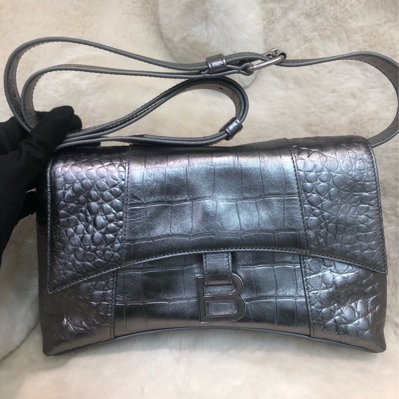 Balenciaga 銀色Town 鱷魚壓紋皮手袋 XC001-1