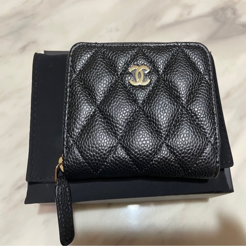 CHANEL AP0216黑金荔枝零錢卡包 （晶片款）