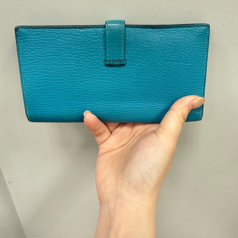 Hermes 愛馬仕 金扣 長夾 藍綠色-1