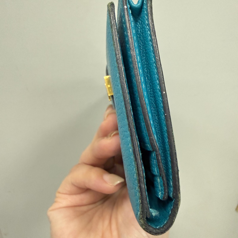 Hermes 愛馬仕 金扣 長夾 藍綠色-3