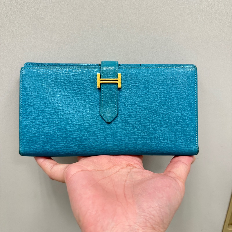 Hermes 愛馬仕 金扣 長夾 藍綠色-5