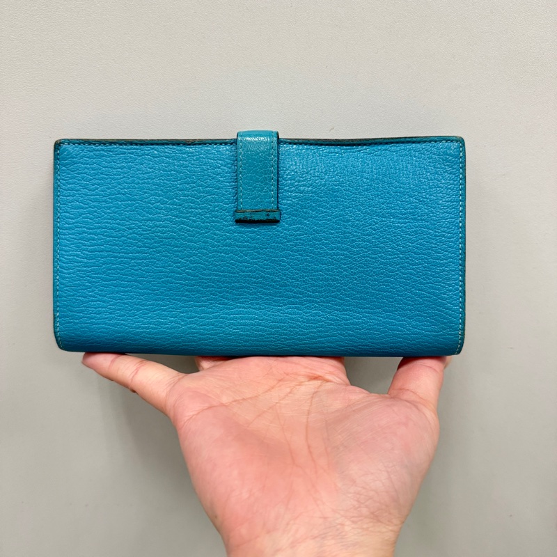Hermes 愛馬仕 金扣 長夾 藍綠色-6