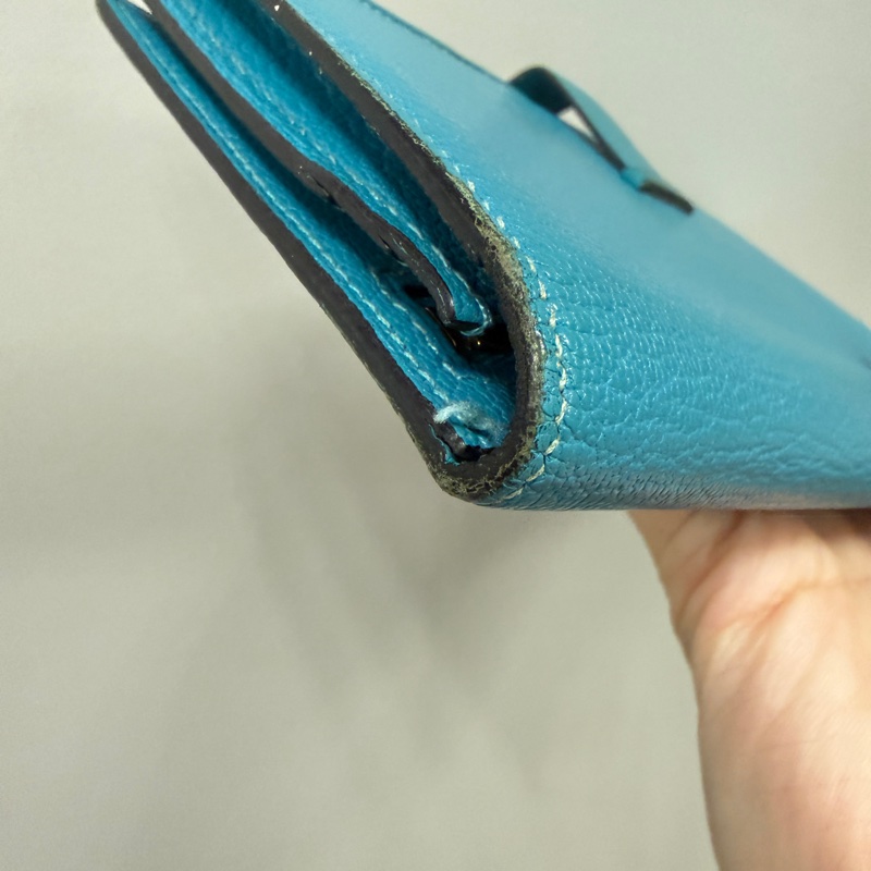 Hermes 愛馬仕 金扣 長夾 藍綠色-7