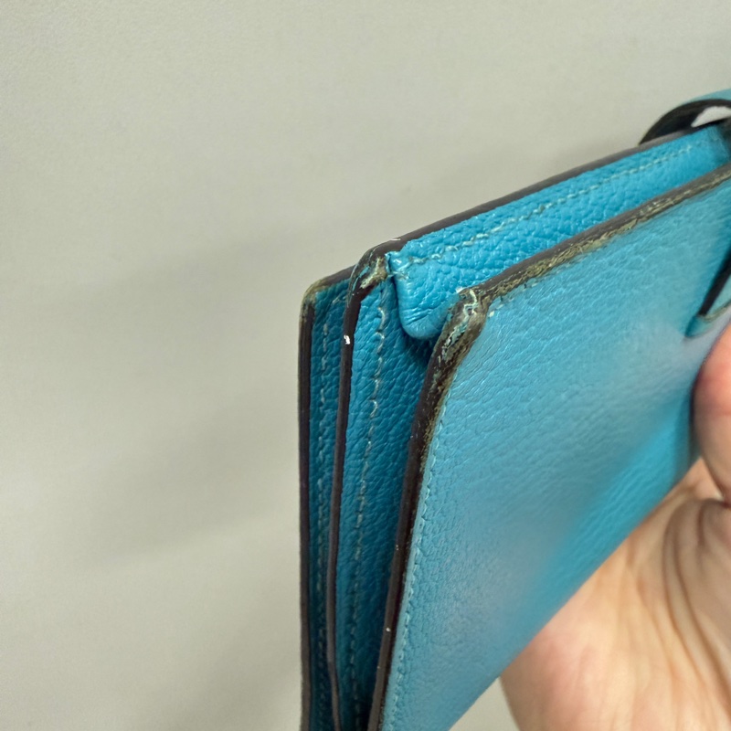 Hermes 愛馬仕 金扣 長夾 藍綠色-8
