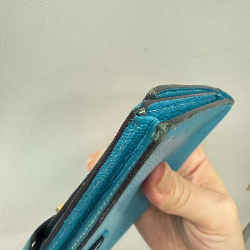 Hermes 愛馬仕 金扣 長夾 藍綠色-9
