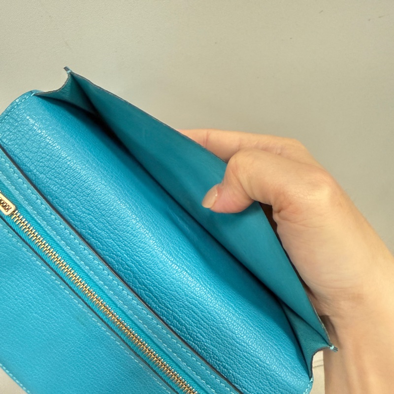 Hermes 愛馬仕 金扣 長夾 藍綠色-11