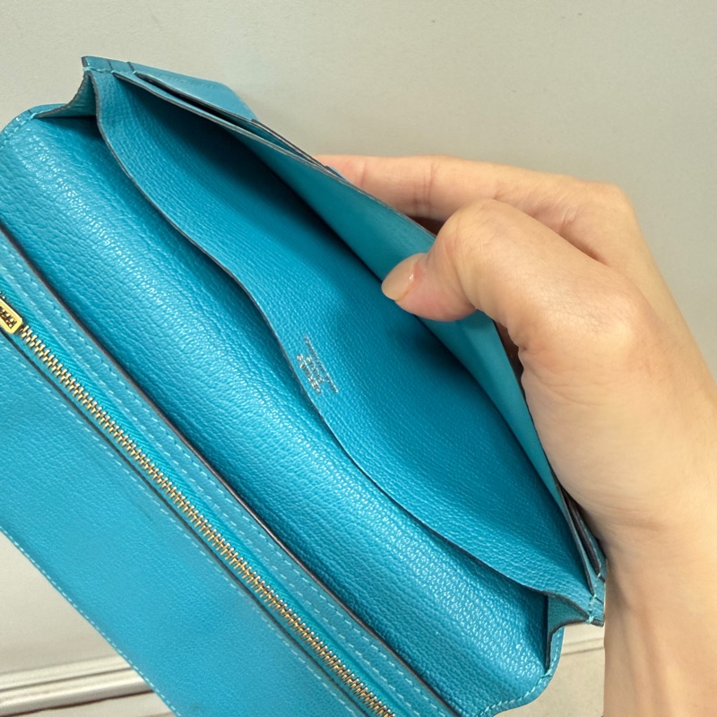 Hermes 愛馬仕 金扣 長夾 藍綠色-12