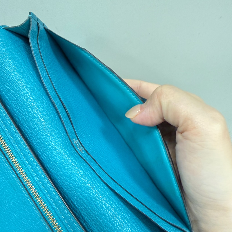 Hermes 愛馬仕 金扣 長夾 藍綠色-13