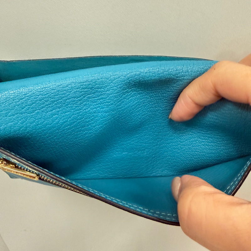 Hermes 愛馬仕 金扣 長夾 藍綠色-14