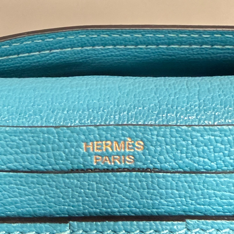 Hermes 愛馬仕 金扣 長夾 藍綠色-16