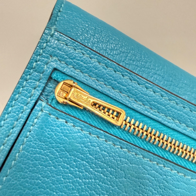 Hermes 愛馬仕 金扣 長夾 藍綠色-18