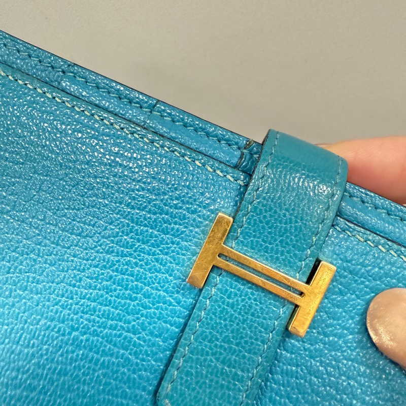 Hermes 愛馬仕 金扣 長夾 藍綠色-25