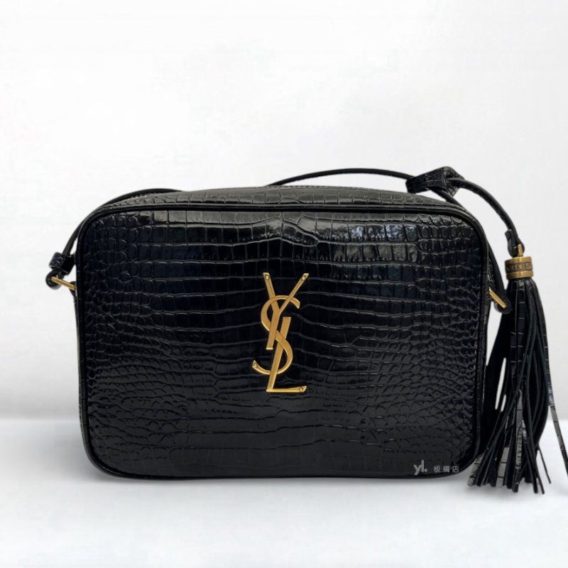 YSL包包 黑色鱷魚牛皮壓紋流蘇相機包-0