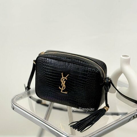 YSL黑色鱷魚牛皮壓紋流蘇相機包
