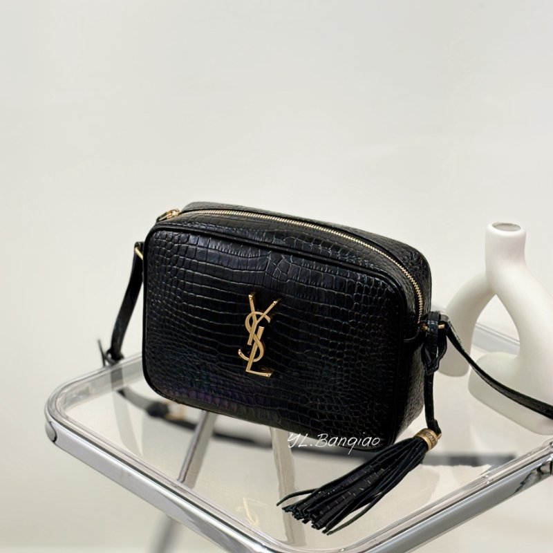 YSL黑色鱷魚牛皮壓紋流蘇相機包-0