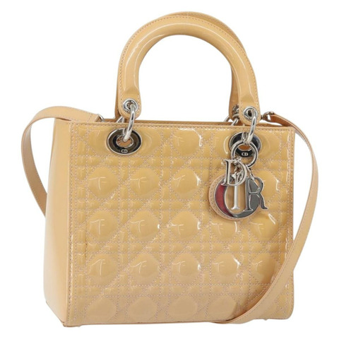Christian Dior Lady Dior Canage 手提包 漆皮 2way 米色 銀色 正品 ka1144