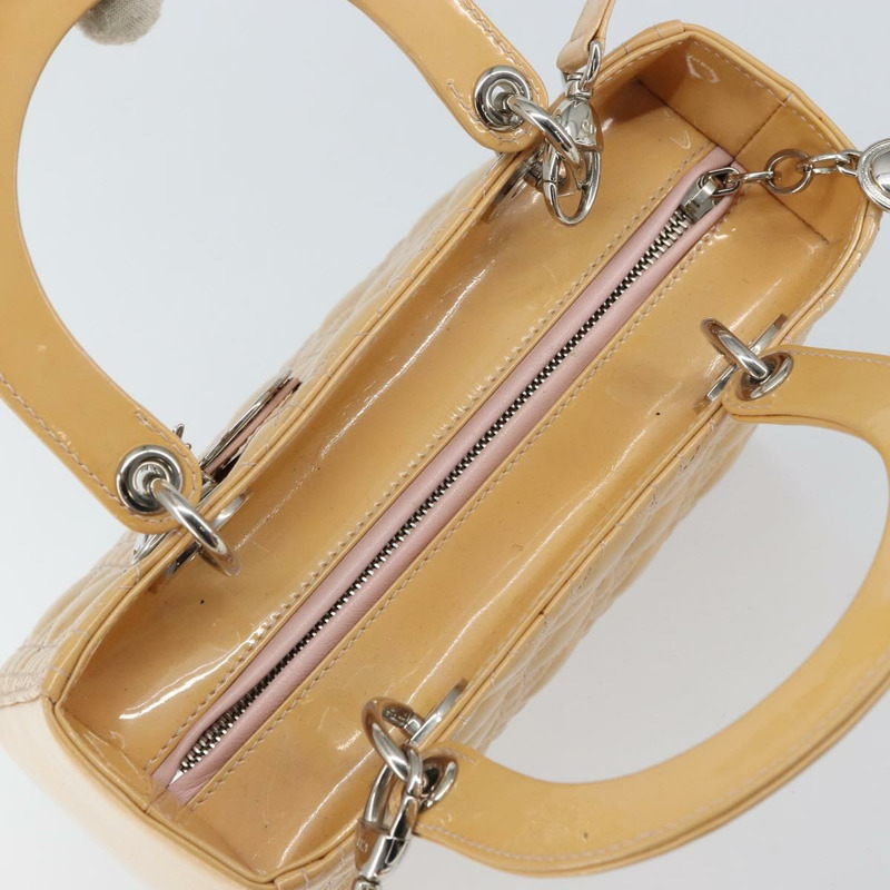 【日本直送】Christian Dior Lady Dior Canage 手提包 漆皮 2way 米色 銀色 正品 ka1144-5