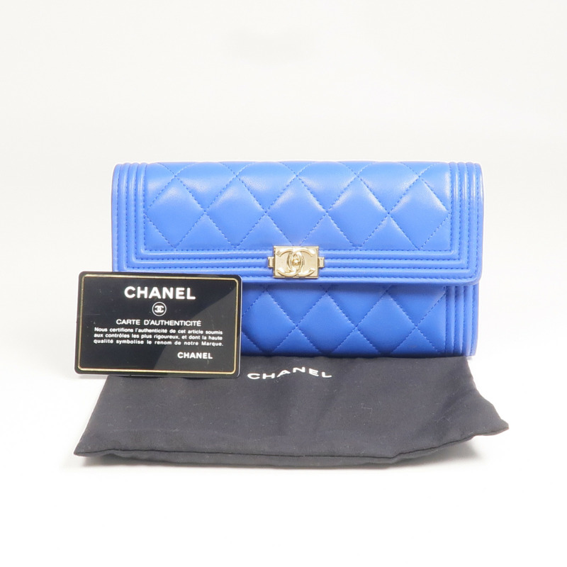 CHANEL 羊皮皮革Boy Long Wallet金扣長錢包-10