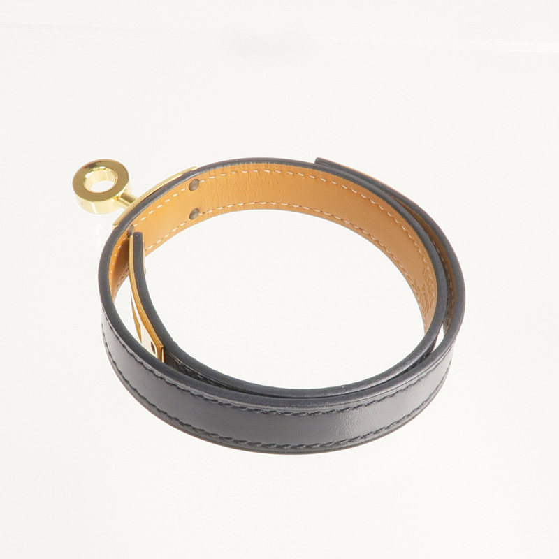HERMES Box Calf皮革Kelly Double Tour Bracelet金扣手帶Noir-4