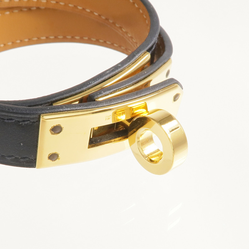 HERMES Box Calf皮革Kelly Double Tour Bracelet金扣手帶Noir-5