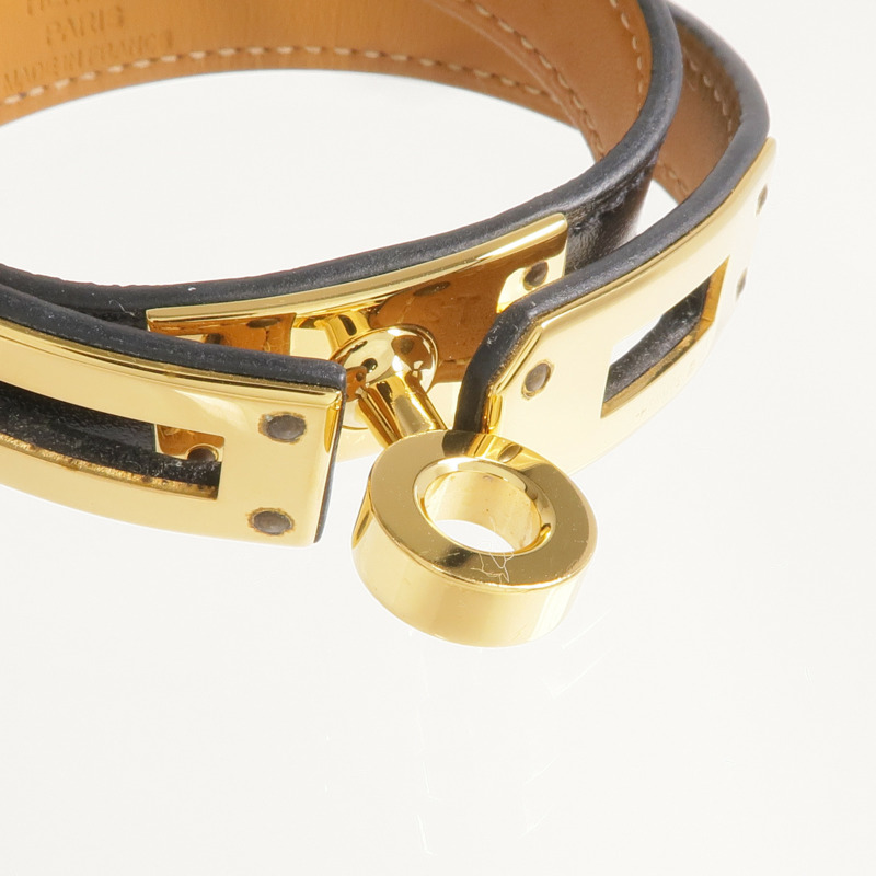 HERMES Box Calf皮革Kelly Double Tour Bracelet金扣手帶Noir-6