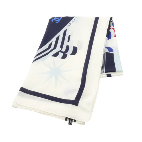 香奈兒 COCO 標誌披肩圍巾，絲棉混紡，白色、海軍藍、多色，二手