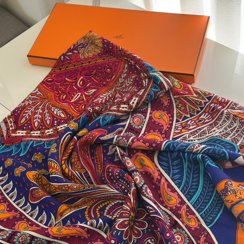 HERMES Le jardin de maharani君妃花園披肩 140 - 橘紅-0