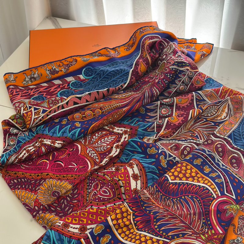 HERMES Le jardin de maharani君妃花園披肩 140 - 橘紅-2