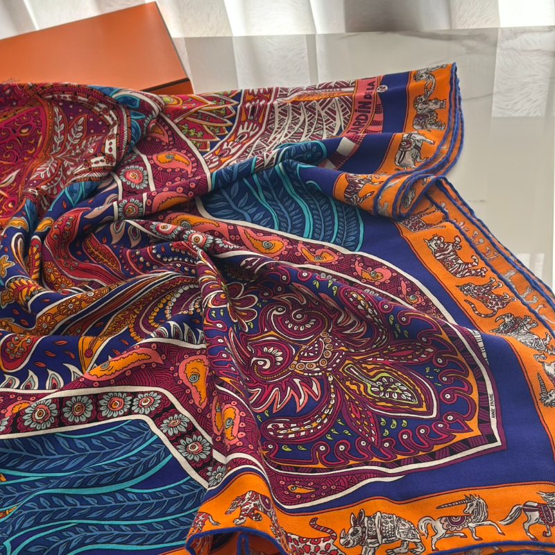 HERMES Le jardin de maharani君妃花園披肩 140 - 橘紅-4