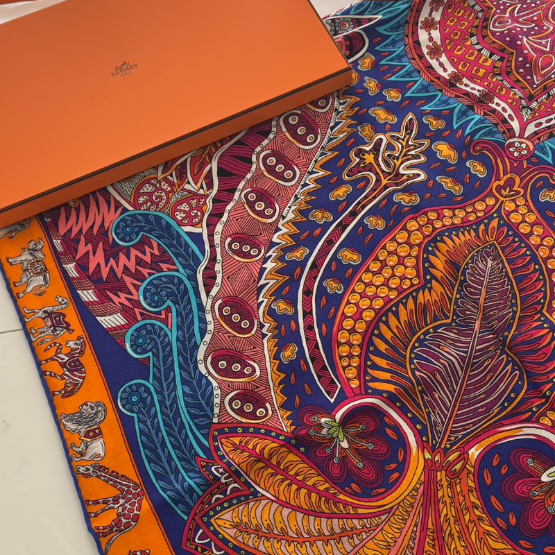 HERMES Le jardin de maharani君妃花園披肩 140 - 橘紅-5