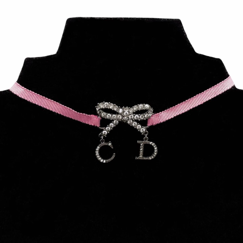 「JL精品代購」98新 Dior超稀有 滿鑽蝴蝶结 粉色綁帶項圈-0