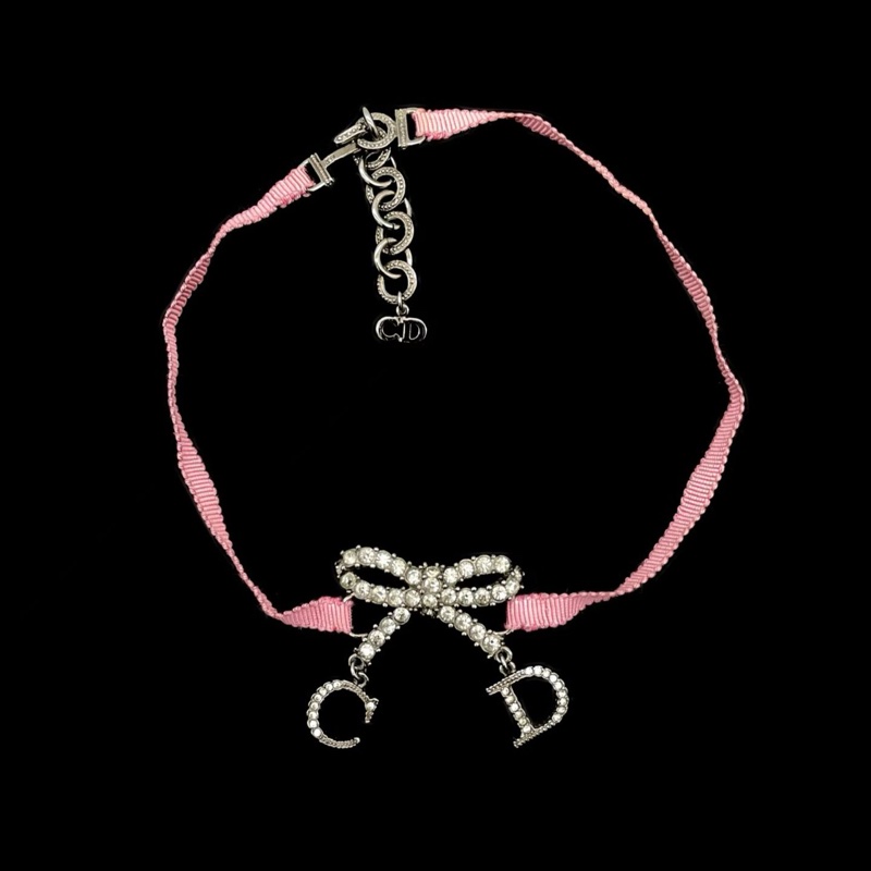 「JL精品代購」98新 Dior超稀有 滿鑽蝴蝶结 粉色綁帶項圈-3