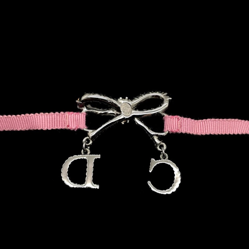 「JL精品代購」98新 Dior超稀有 滿鑽蝴蝶结 粉色綁帶項圈-6