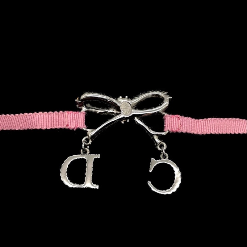 「JL精品代購」98新 Dior超稀有 滿鑽蝴蝶结 粉色綁帶項圈-7