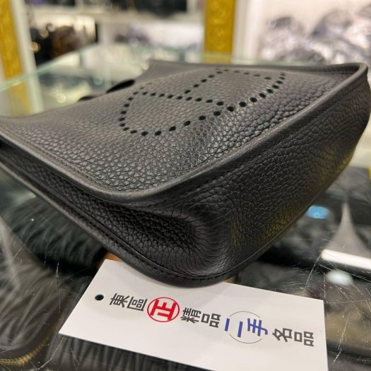 東區正精品㊣HERMES MINI EVELYNE 16cm 愛馬仕黑色全皮H 洞洞銀釦迷你斜背包 D刻 RZ6140-6