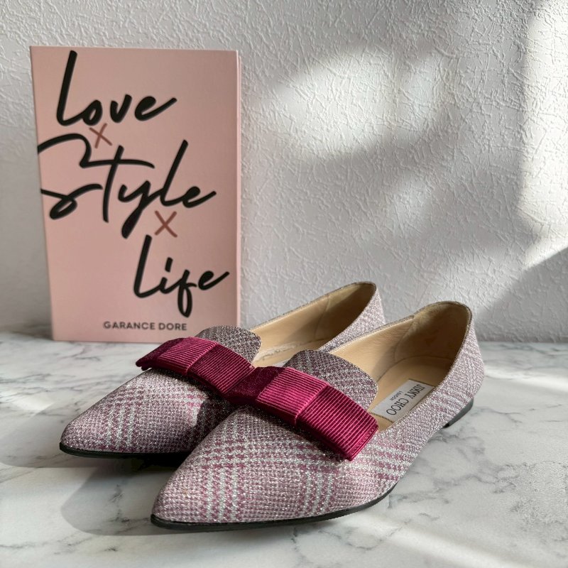 #全網最低✨#打折出清 JIMMY CHOO 紫粉亮色蝴蝶結尖頭平底鞋-0