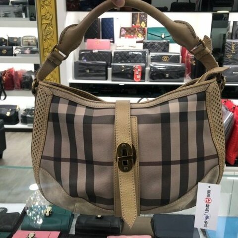 東區正精品㊣ Burberry 灰色皮革經典格紋肩背包手提包 RZ1552