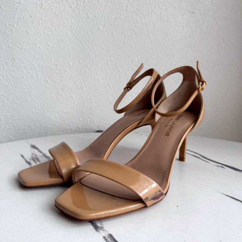 YSL 駝色漆皮細跟涼鞋-0