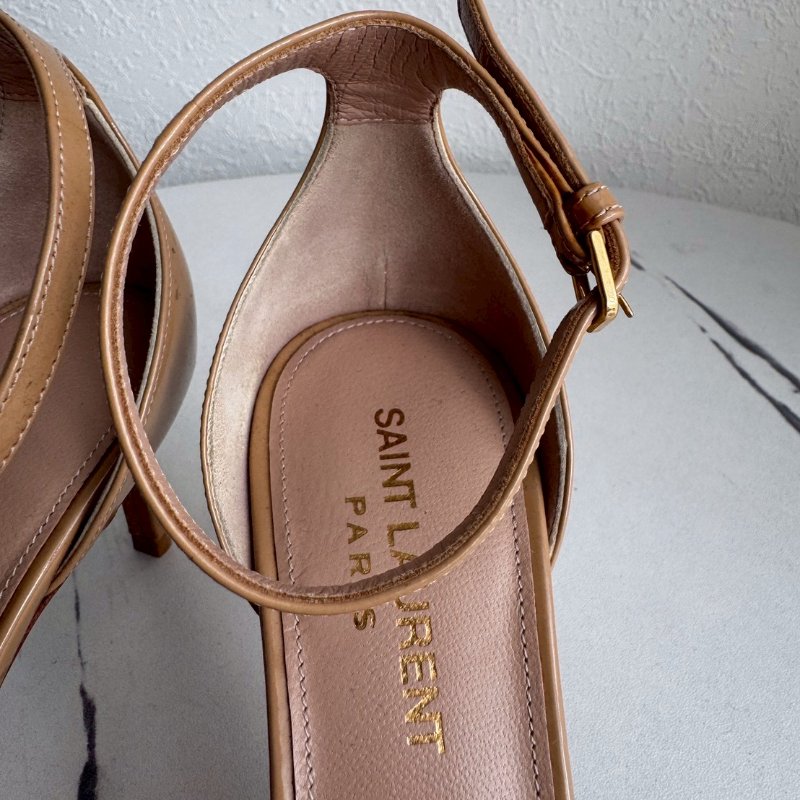 YSL 駝色漆皮細跟涼鞋-4