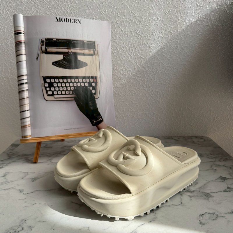 全網最低✨Gucci 米黃色厚底雙G休閒拖鞋-0